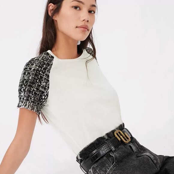 Maje Tiacou Tweed Sleeve Tee White and Black Top Size 3 Large - Picture 3 of 11